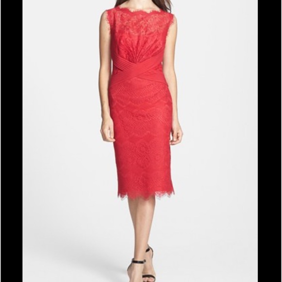 Tadashi Shoji Dresses & Skirts - TADASHI SHOJI Cherry Red Chantilly Lace Bateau Neckline Sheath Dress SZ 6